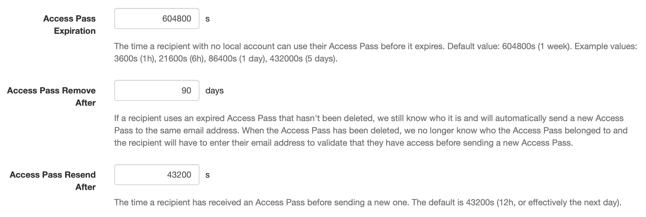 Access pass configuration settings