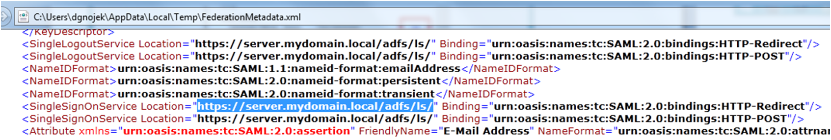 SSO login URL in federation metadata
