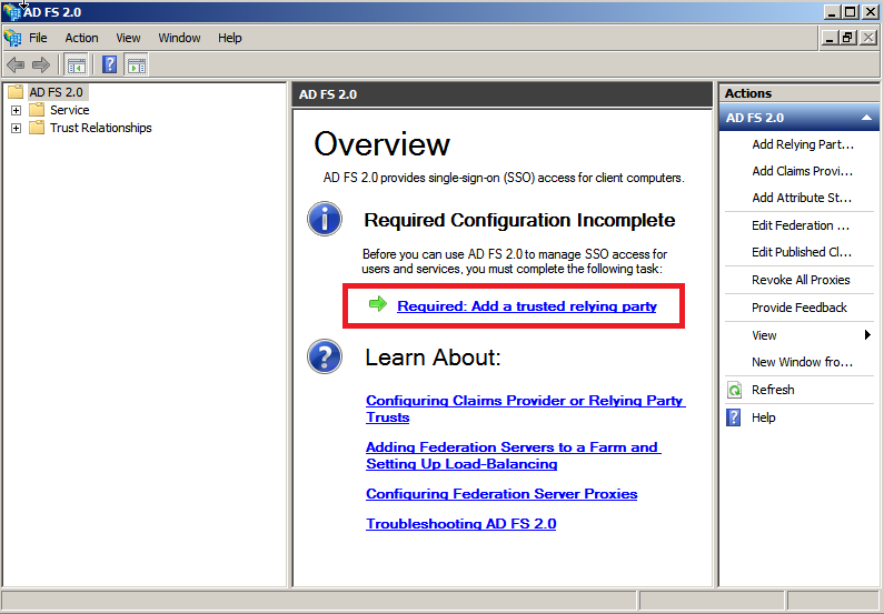 Relying party trust wizard start