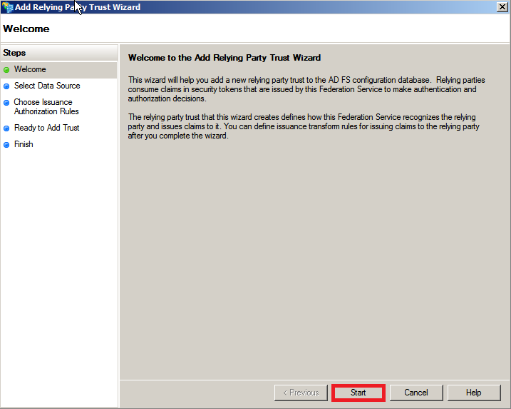 Relying party trust wizard step