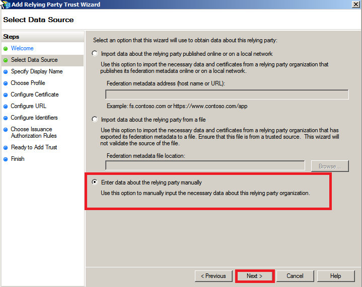Relying party trust enter data manually