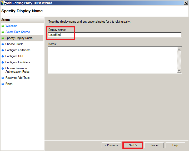 Relying party trust display name