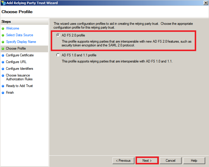 Relying party trust SAML 2.0 profile selection