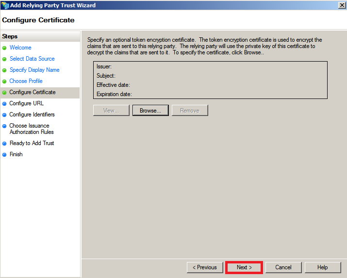 Relying party trust configuration step