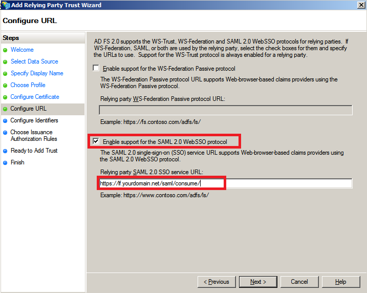 Relying party trust SAML consumer URL