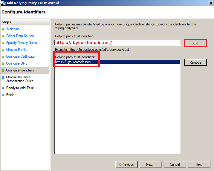 Relying party trust HTTPS identifier