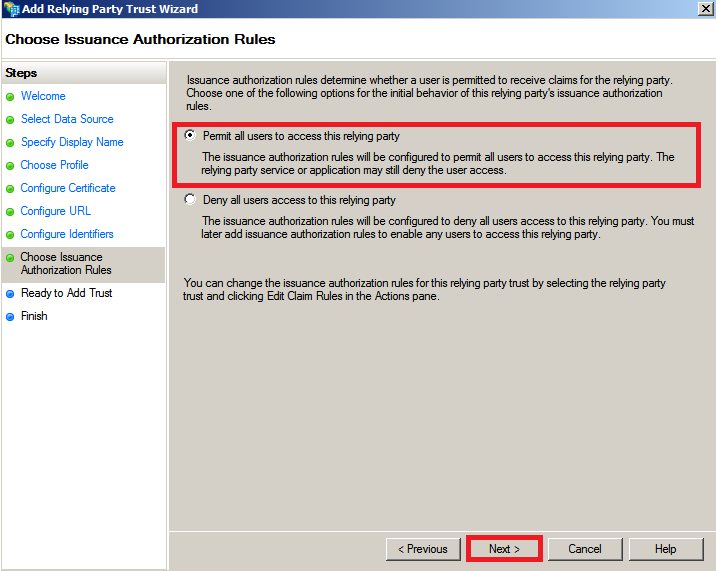 Relying party trust configuration step