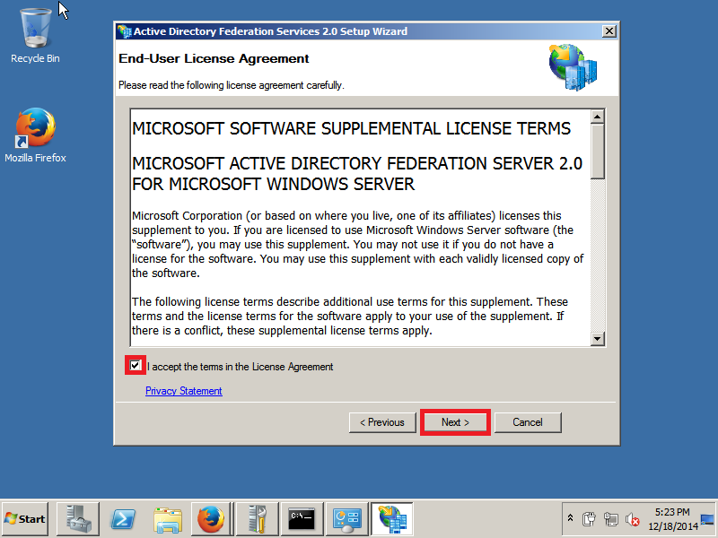 AD FS 2.0 RTW installation wizard step 2