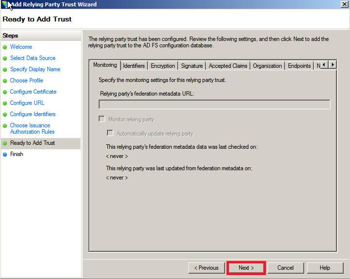 Relying party trust configuration step