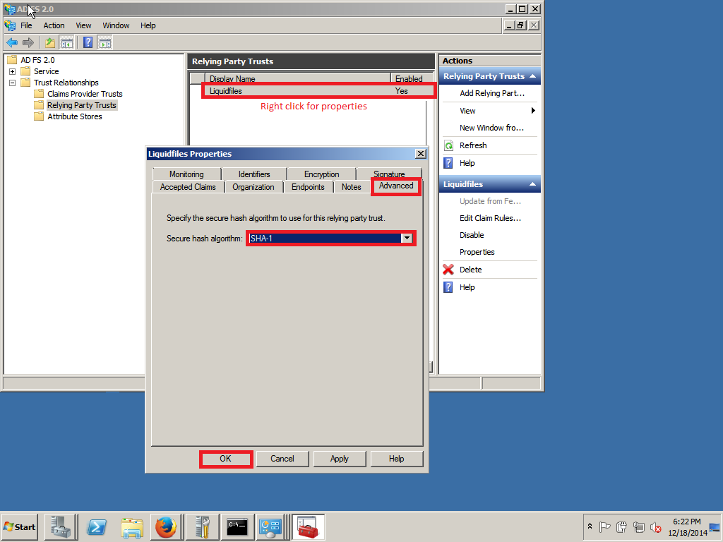 Trust settings SHA algorithm selection