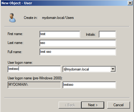 Active Directory new test user