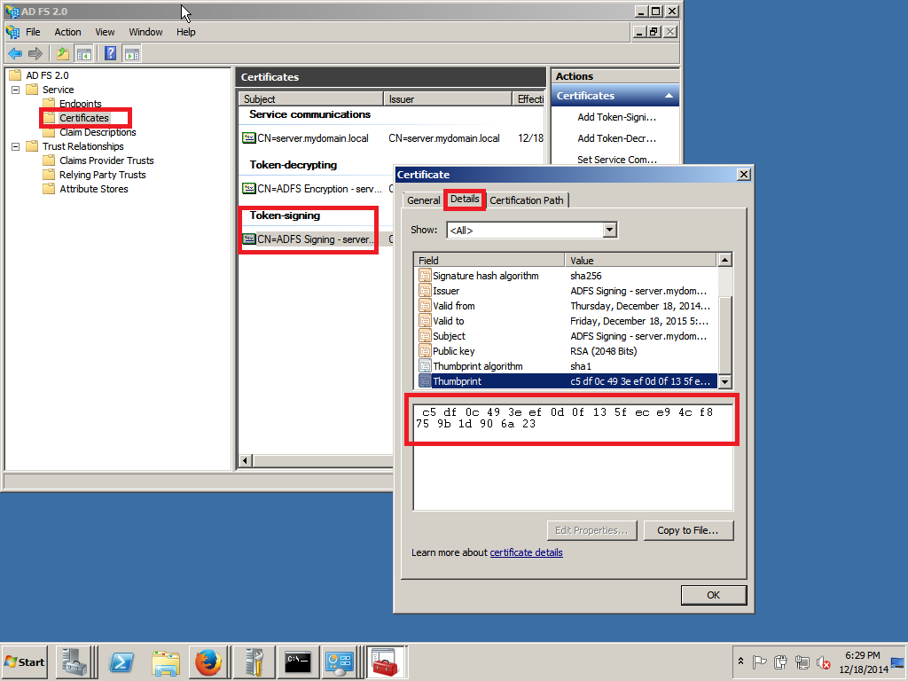 Signing certificate fingerprint details