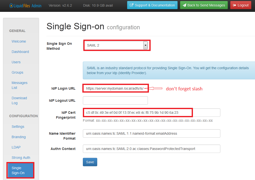 LiquidFiles SSO configuration settings