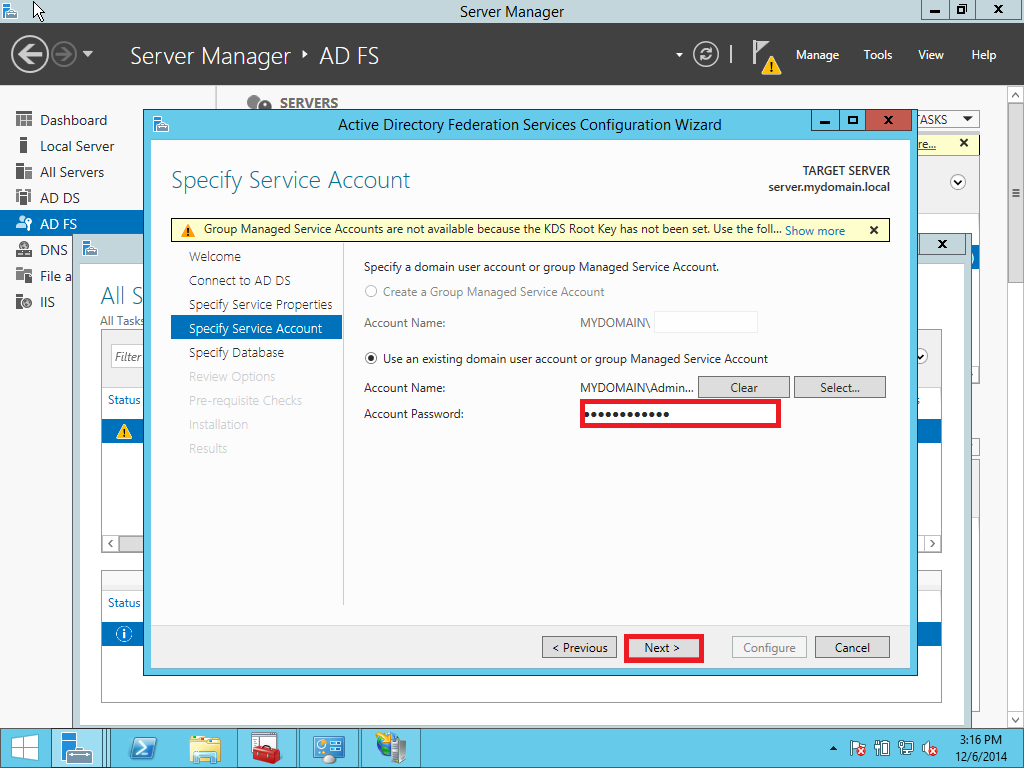 AD FS SSO service account password