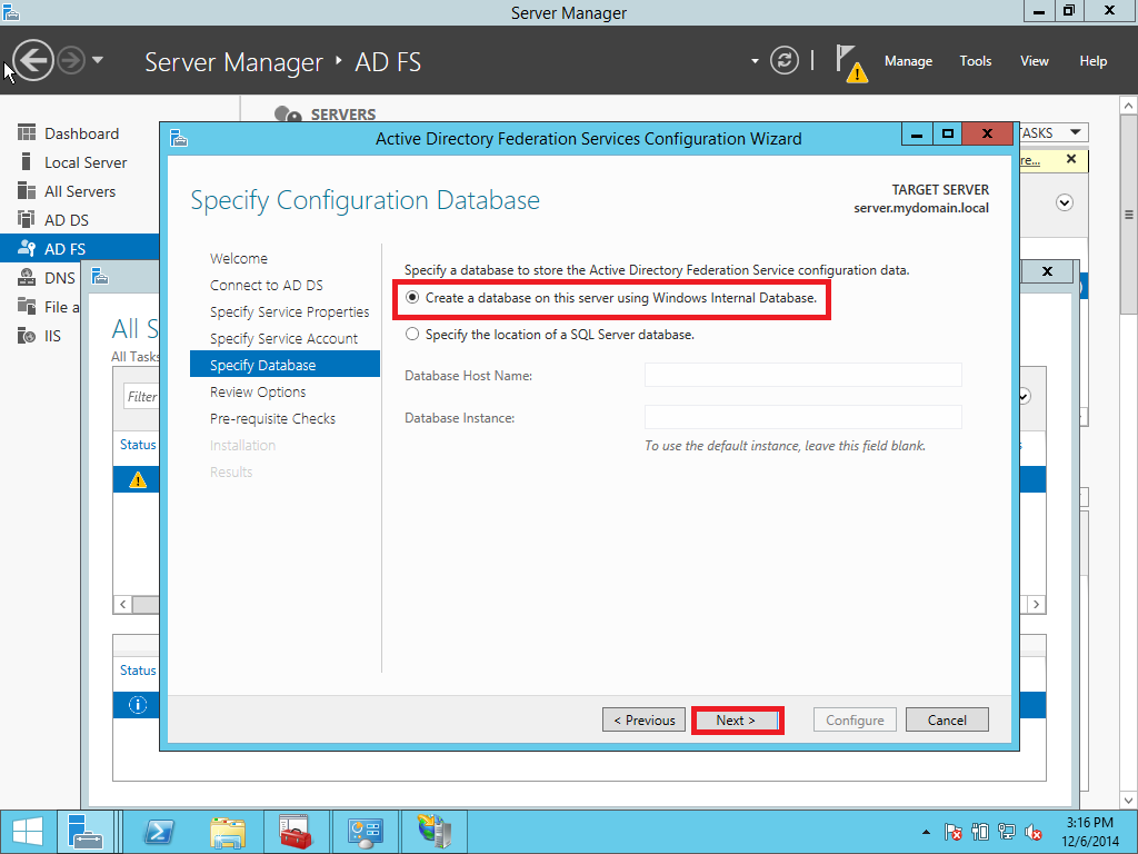 AD FS SSO database configuration