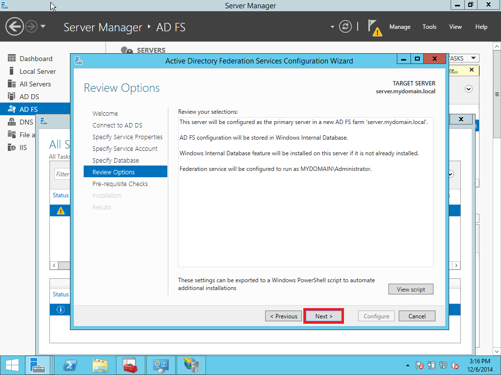 AD FS SSO configuration step