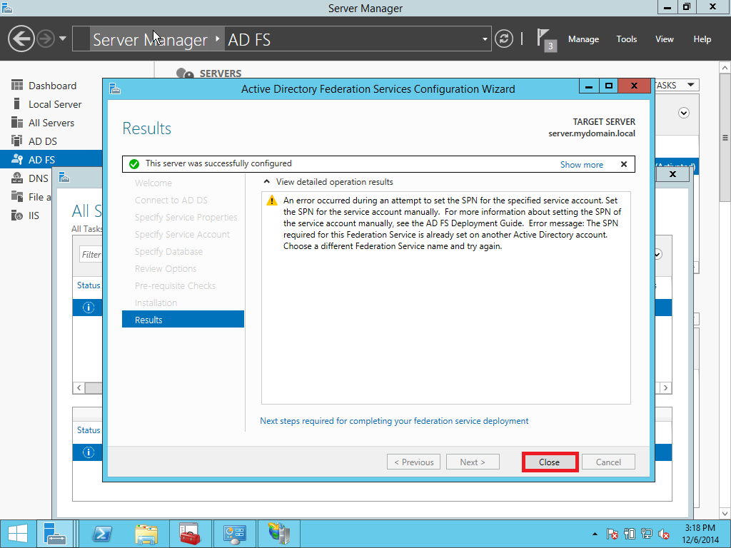 AD FS SSO configuration complete