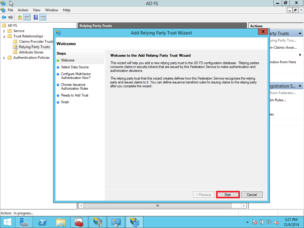 Relying party trust wizard step