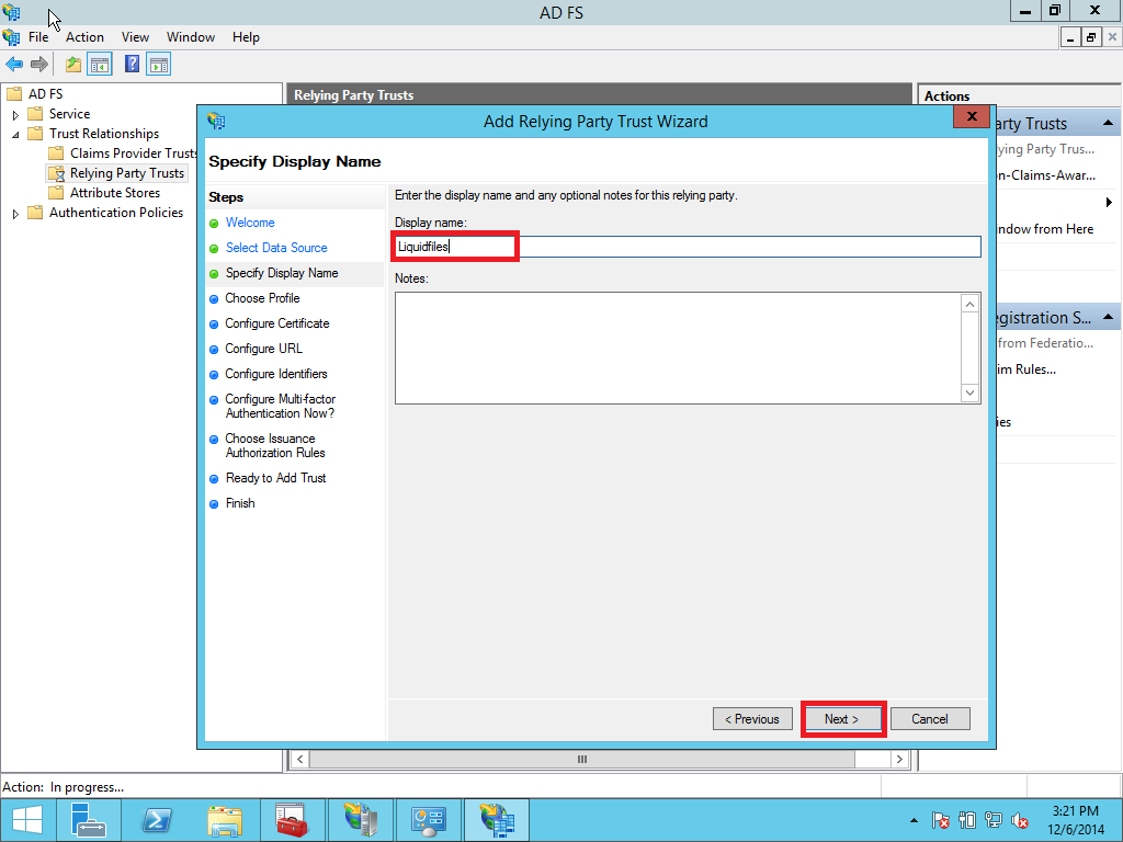Relying party trust display name