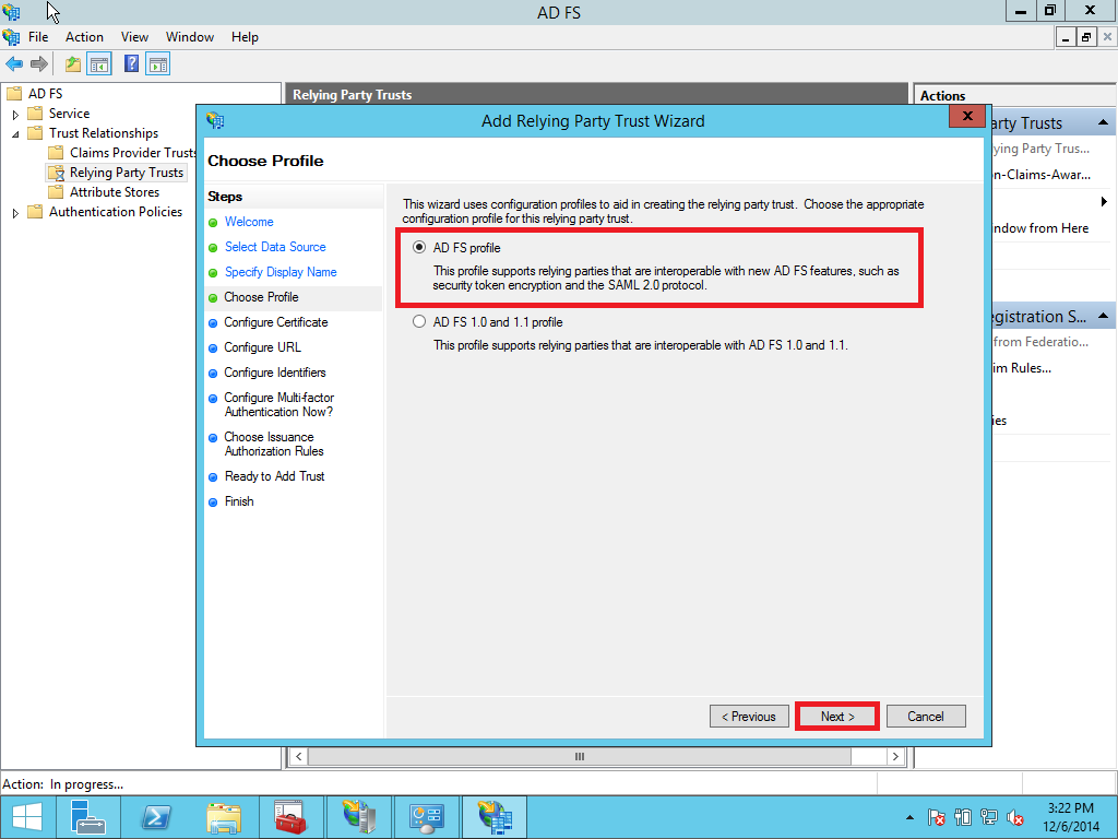 Relying party trust SAML 2.0 profile selection