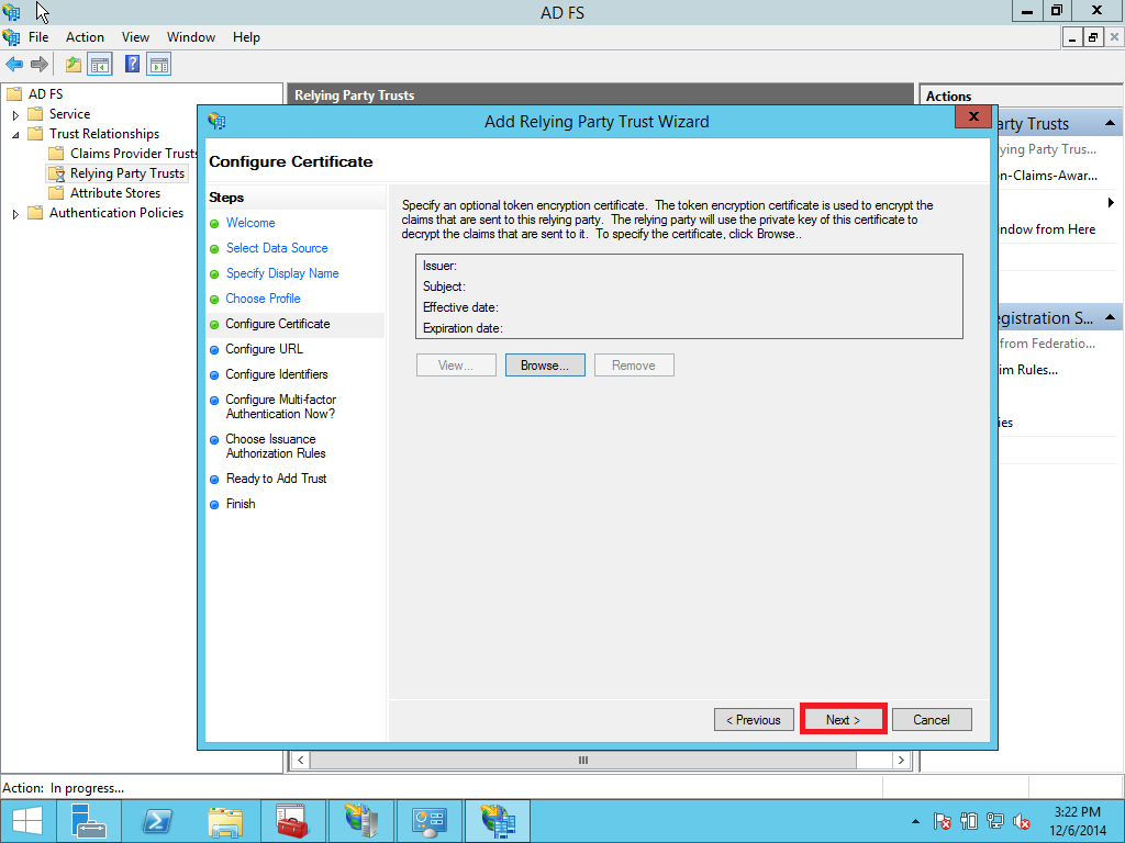 Relying party trust configuration step