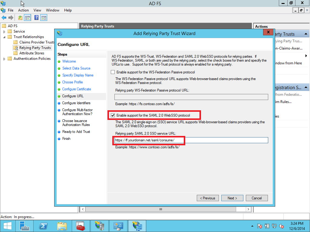 Relying party trust SAML consumer URL