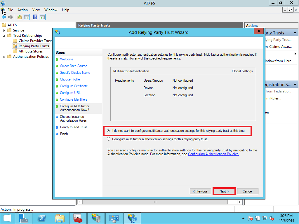 Relying party trust configuration step