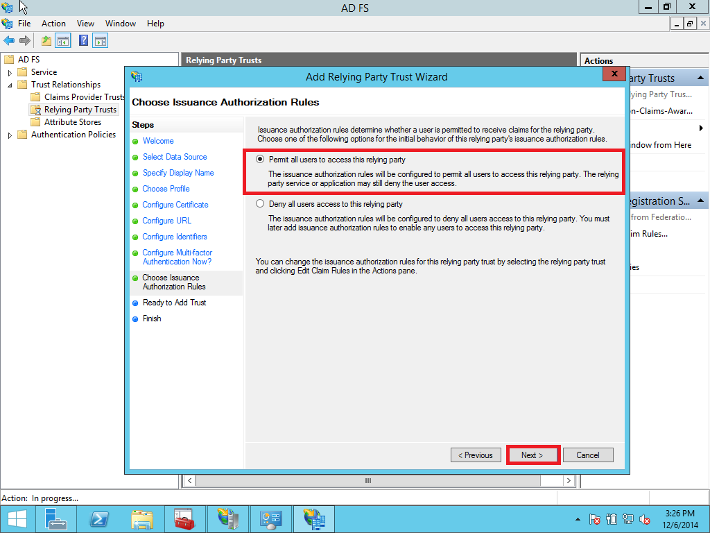 Relying party trust configuration step