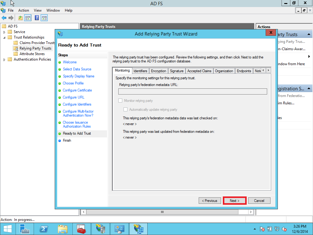 Relying party trust configuration step