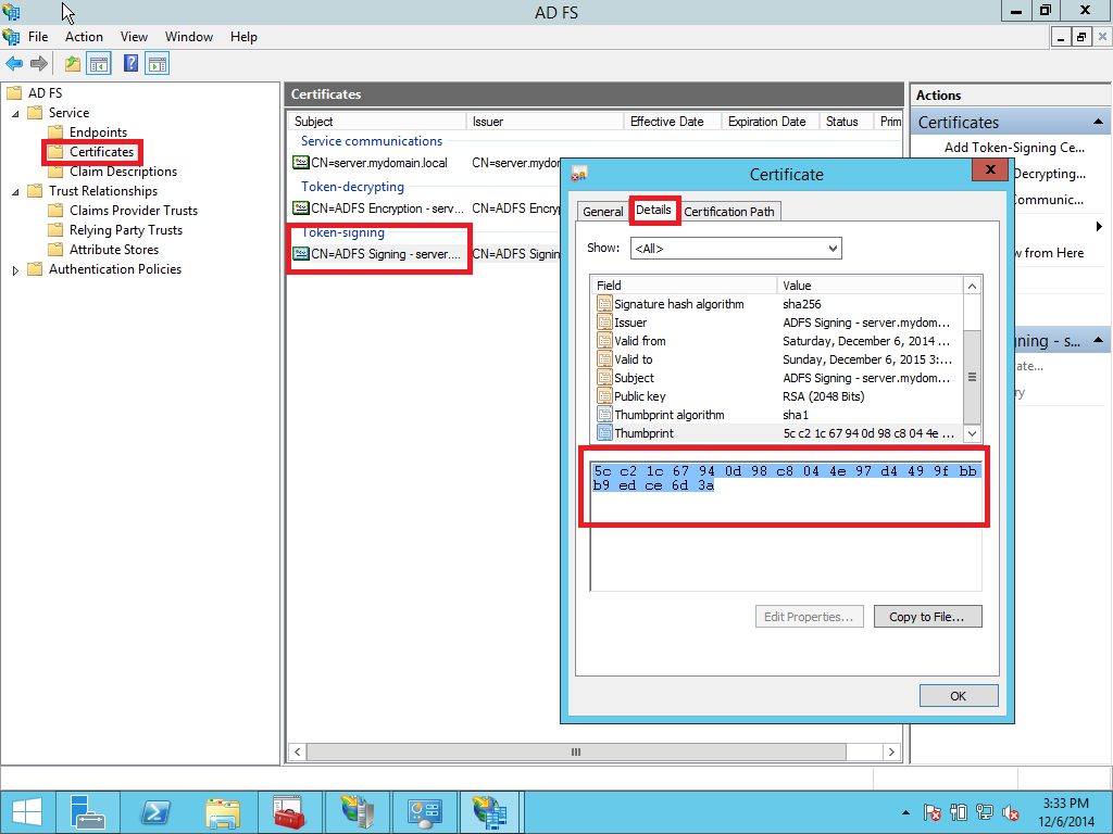 Signing certificate fingerprint details