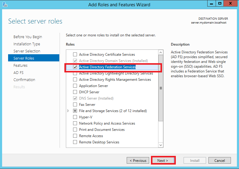 AD FS role configuration wizard step 5