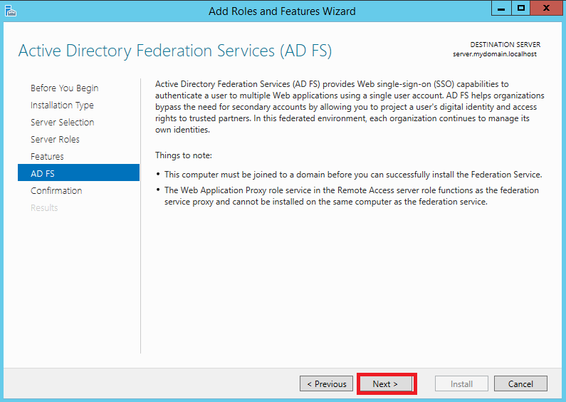 AD FS role configuration wizard step 7