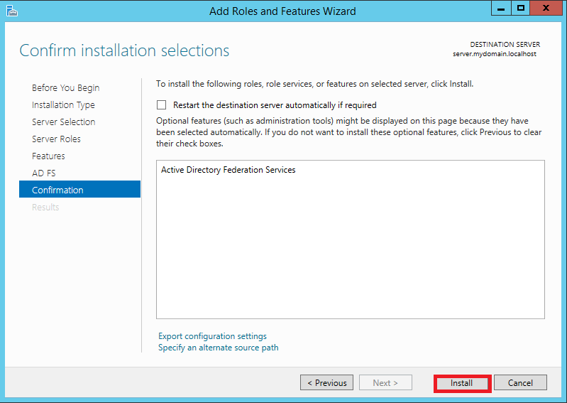 AD FS role configuration wizard step 8