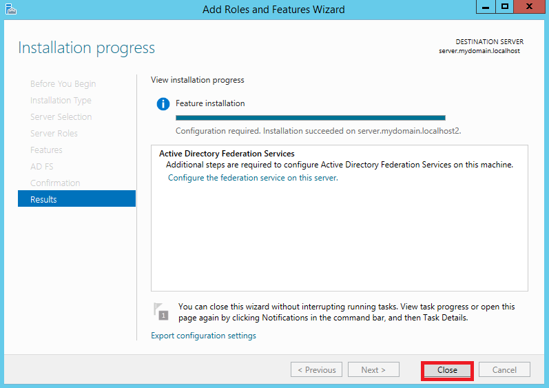 AD FS role installation complete