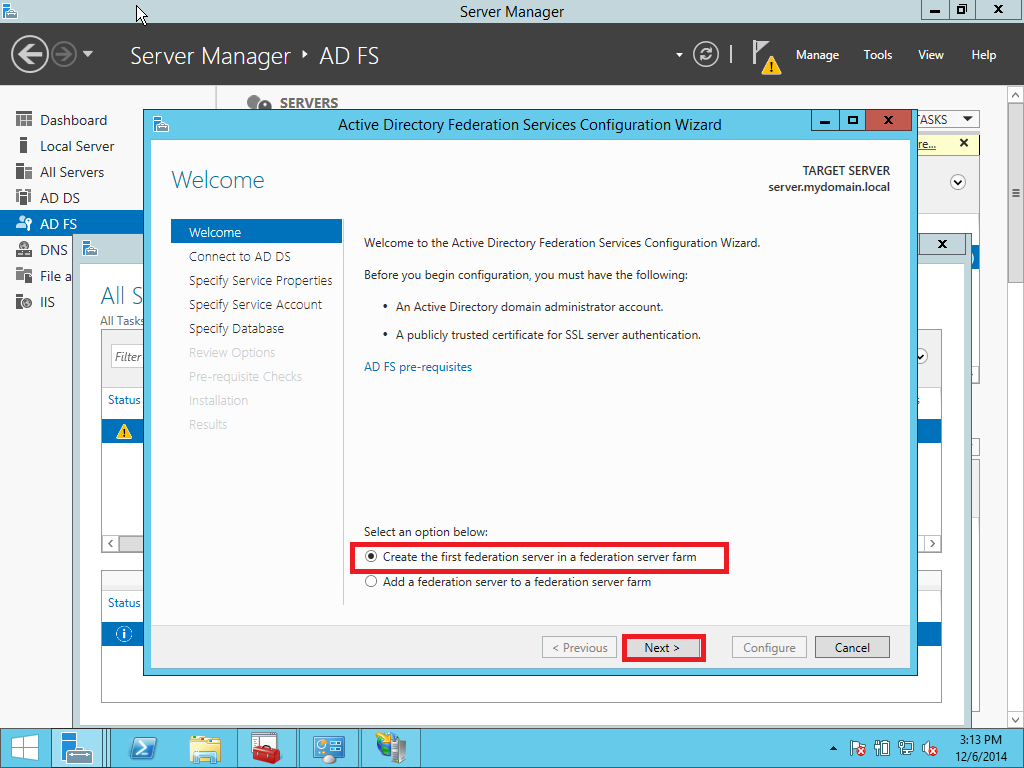 AD FS SSO service configuration step