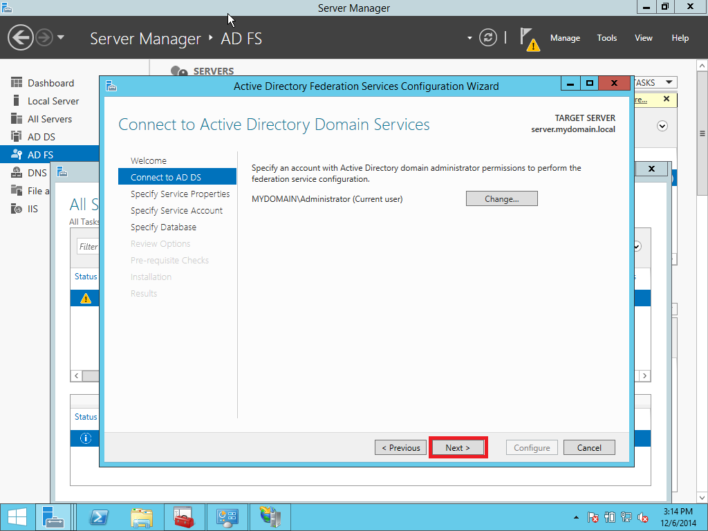 AD FS SSO service configuration step