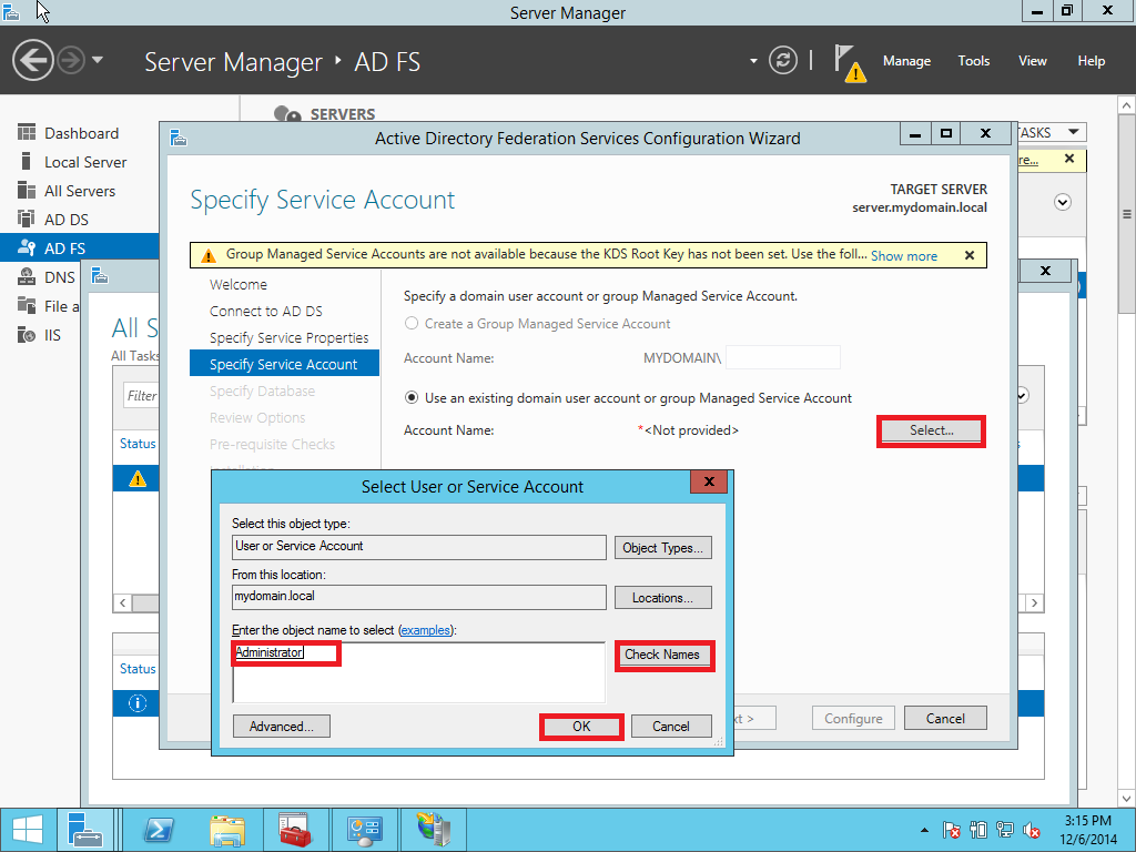 AD FS SSO service account configuration