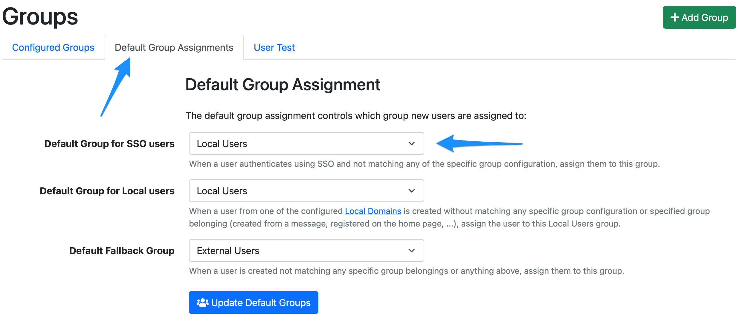 SSO default group assignment settings