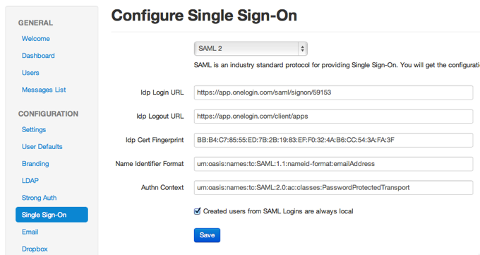 LiquidFiles SAML SSO configuration page