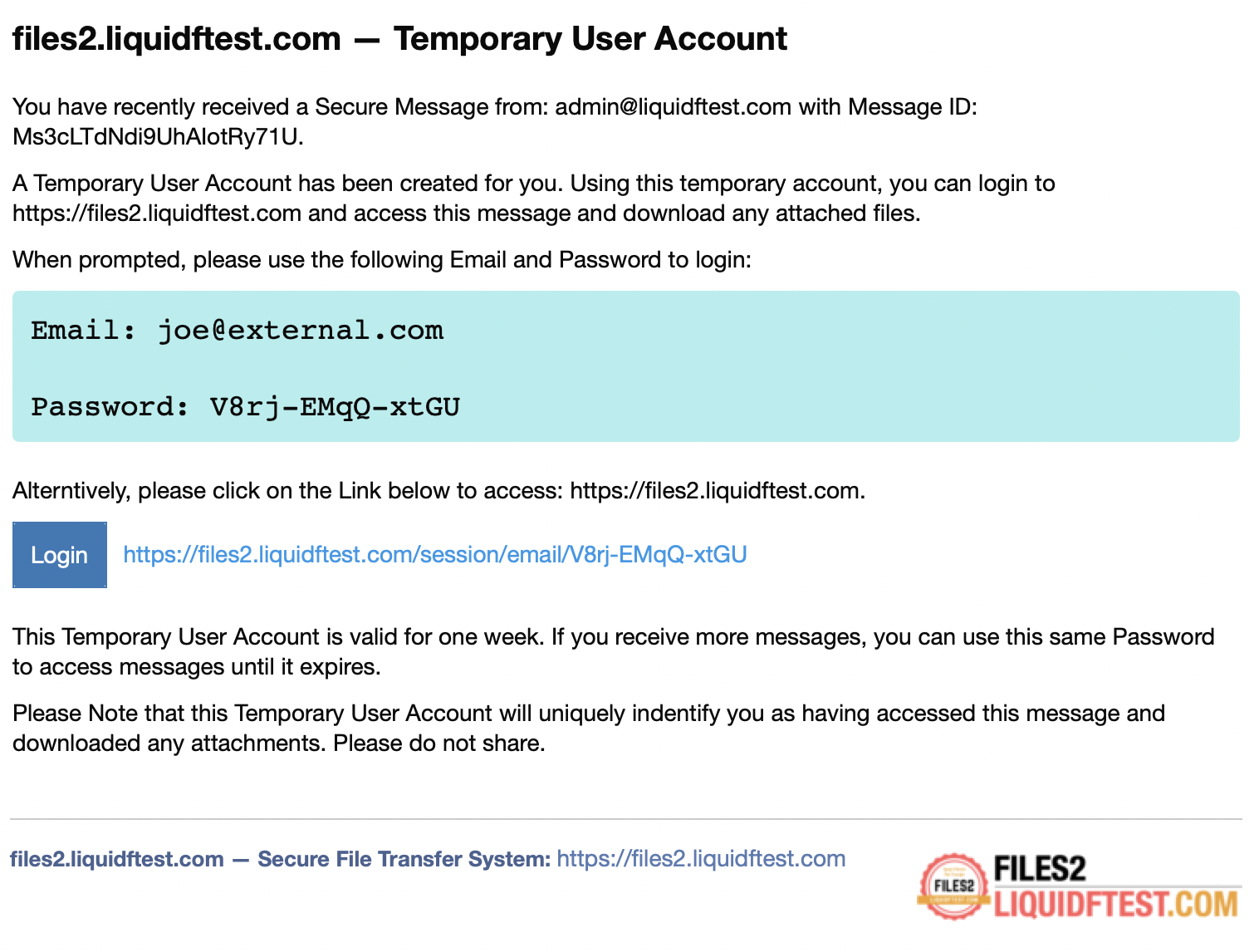Temporary user authentication email