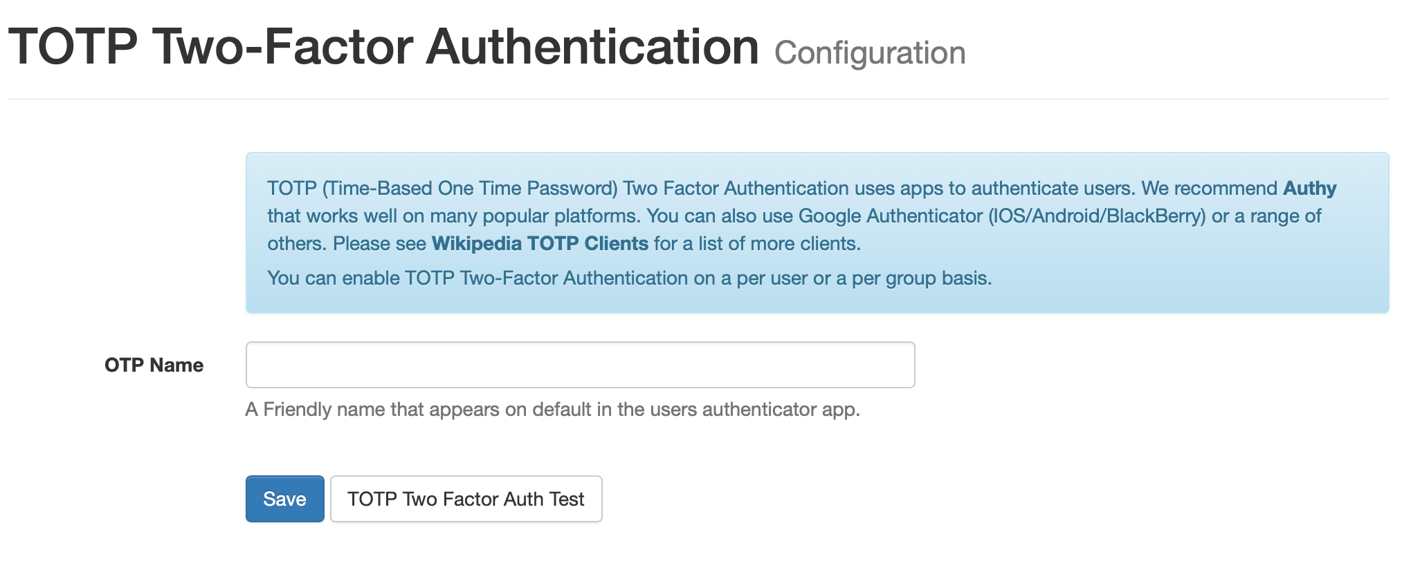 TOTP authentication configuration page
