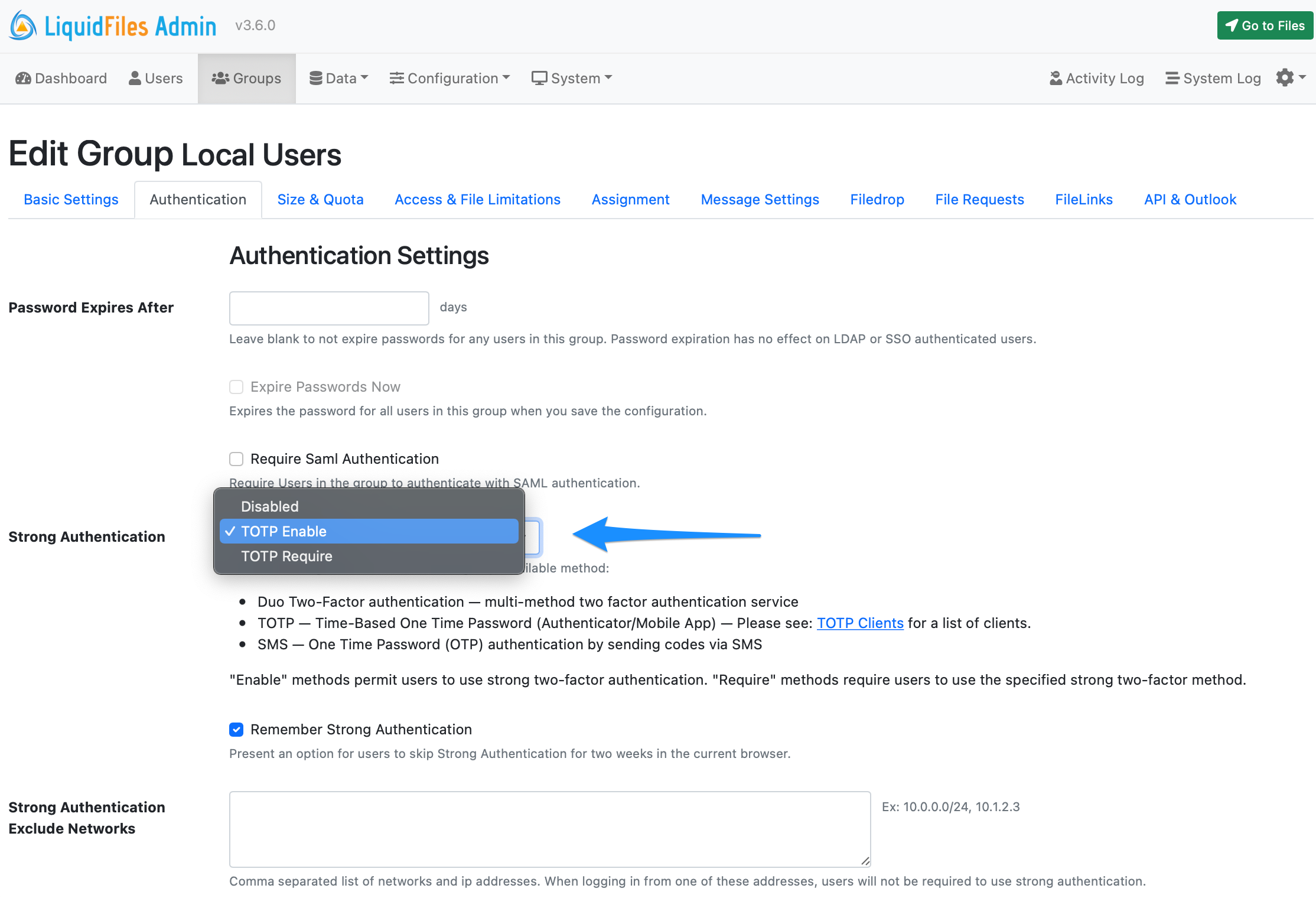 TOTP group configuration settings