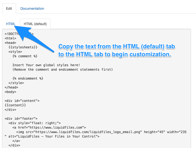 Email template edit page