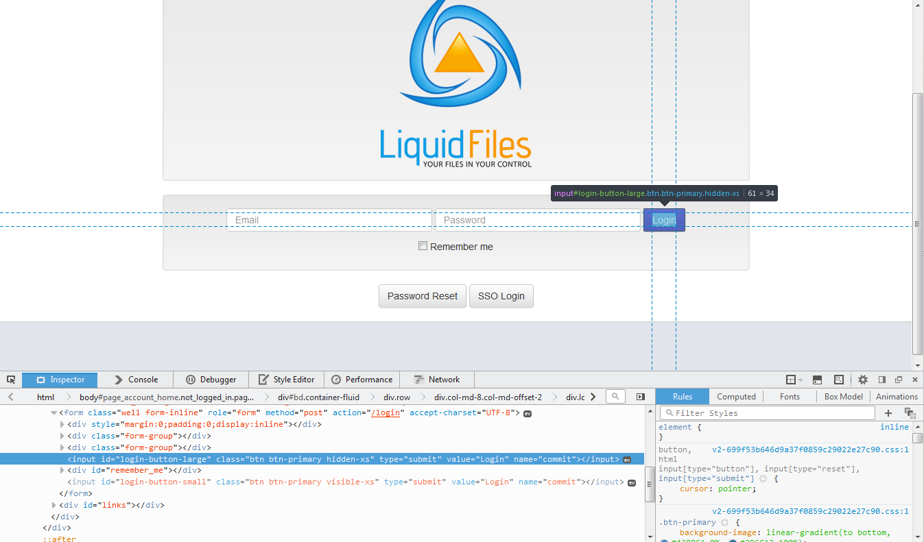 Firefox developer tools inspecting login button