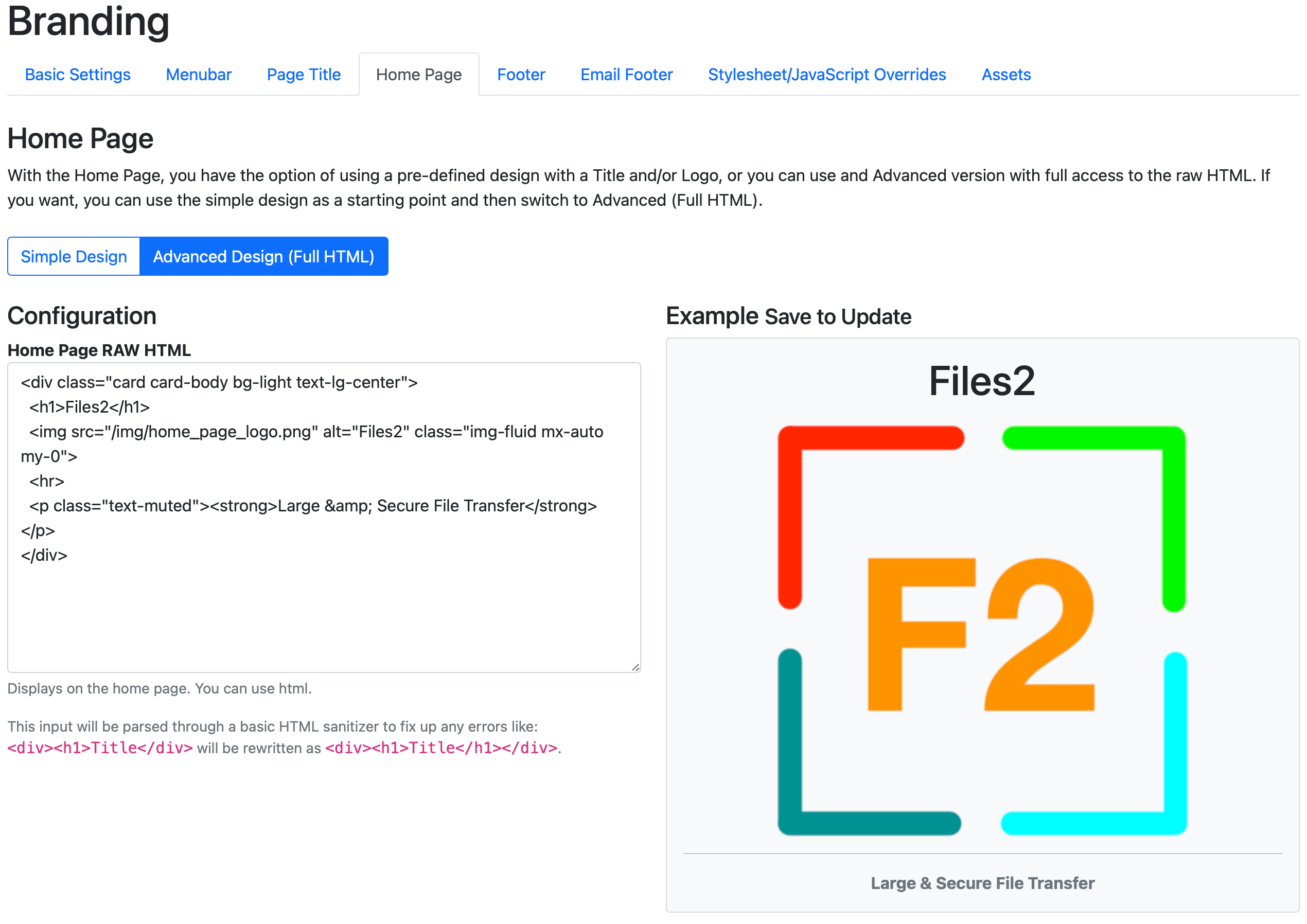 Home Page Advanced Tab