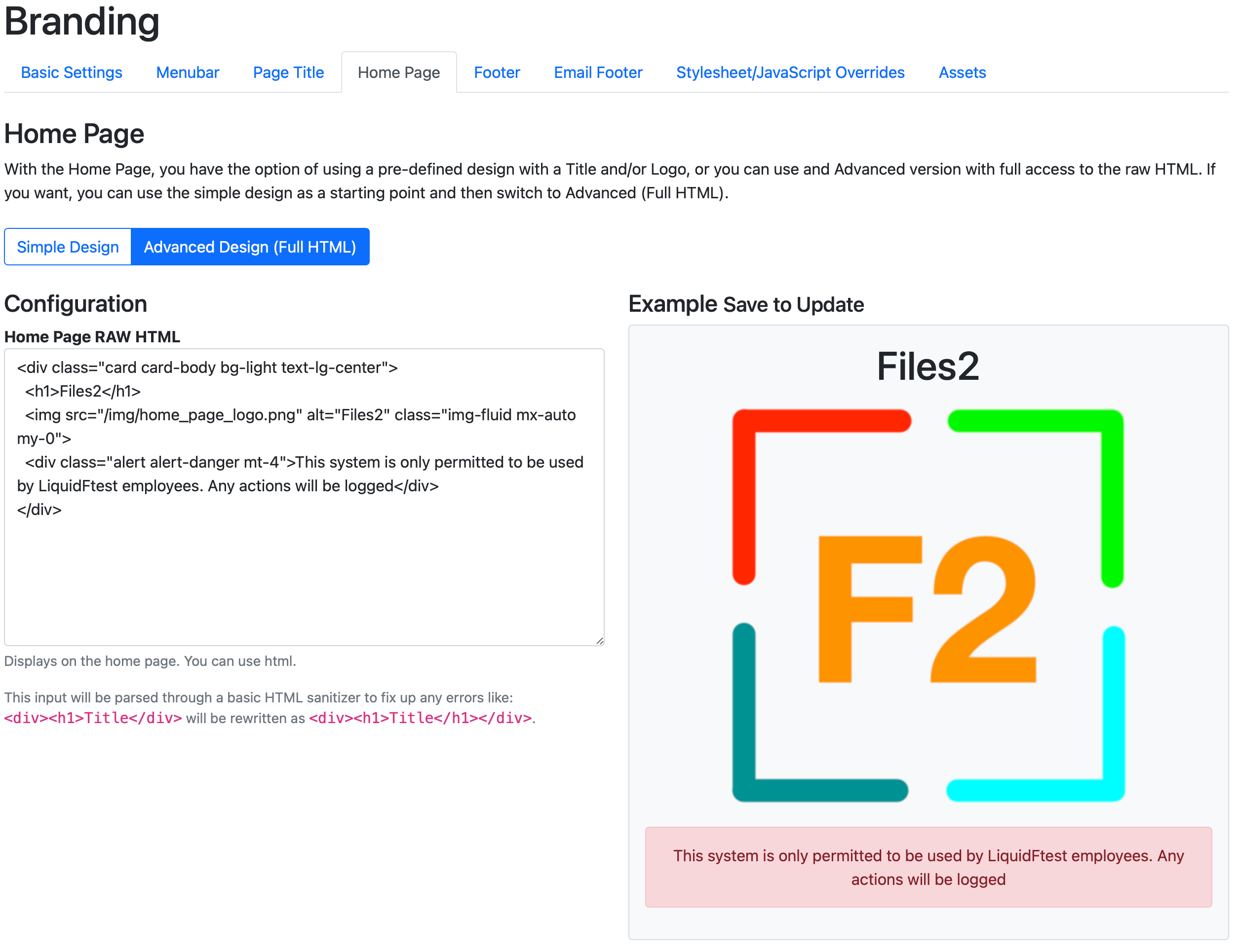 Home Page Advanced Tab after
