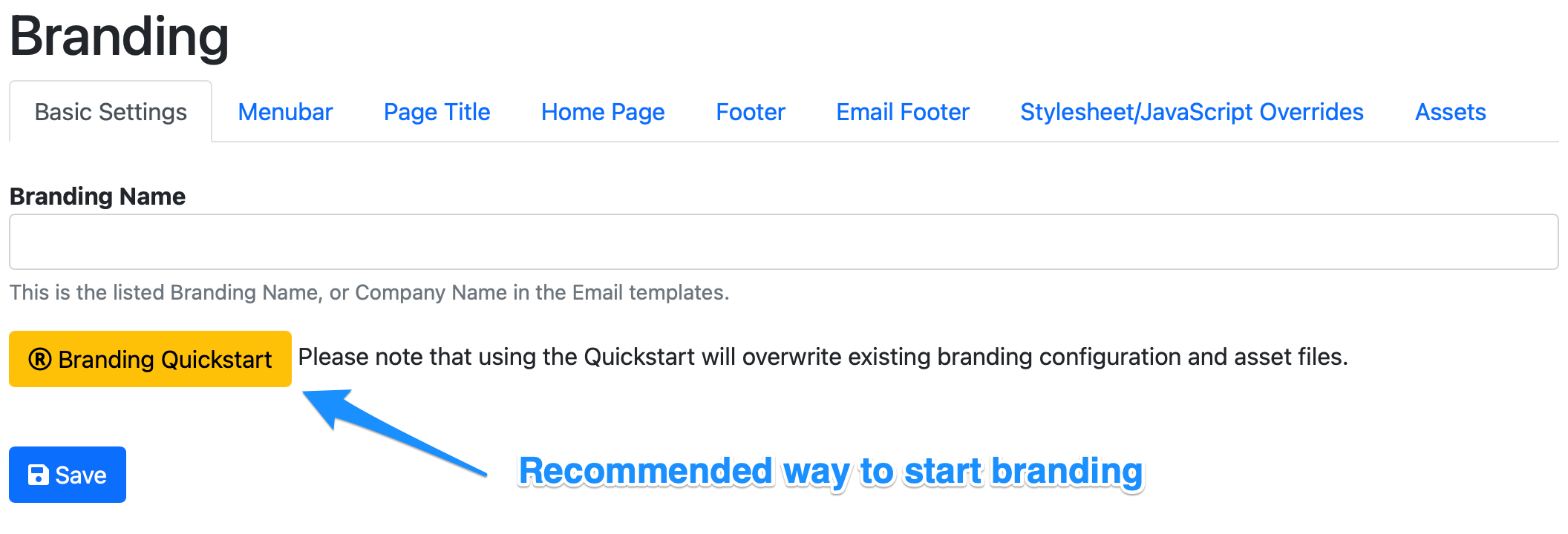 Branding Quickstart start button