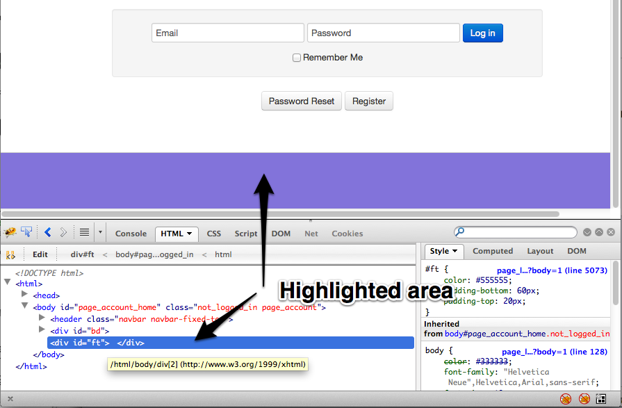 Firebug inspector highlighting page footer