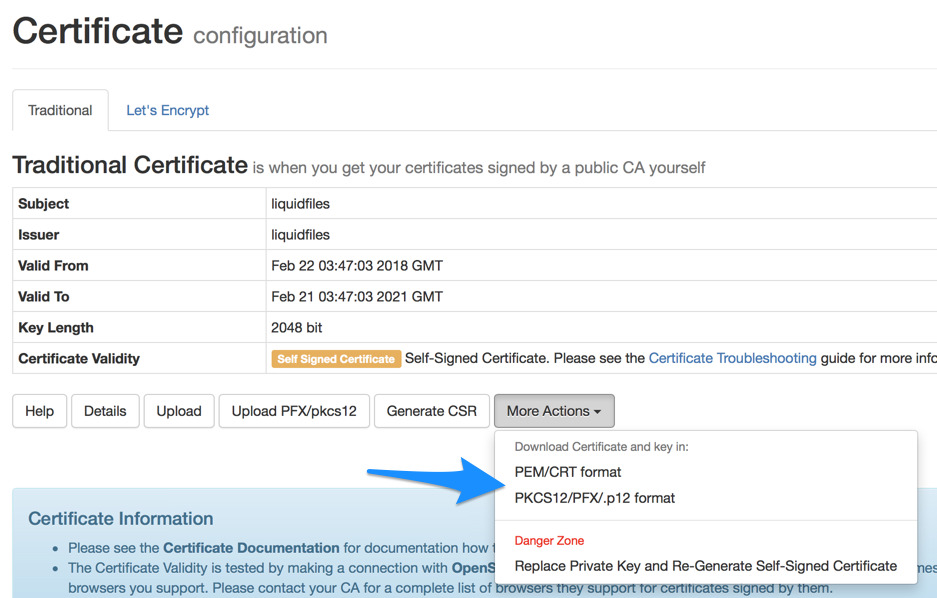 Certificate backup download options