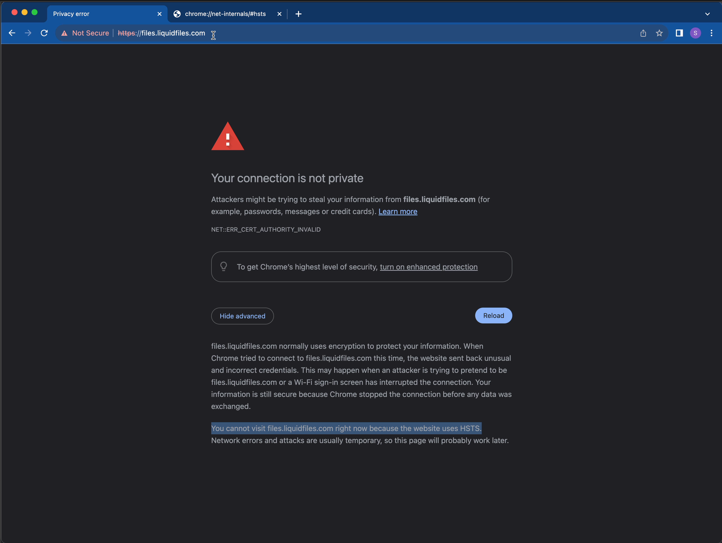 Expired certificate browser warning